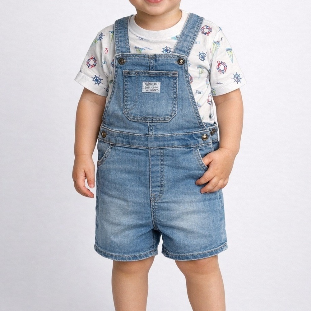 2024 Levi's Kids 2 Piece Set White Nautical Print T-Shirt Denim Overalls 6/7
